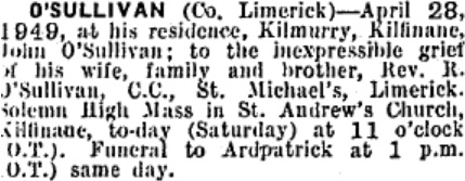 John O'Sullivan died on Apr 28th 1949, aged 45 years