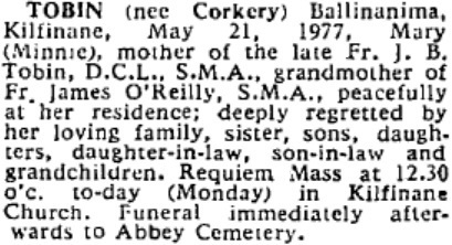 Mary Tobin died on May 21st 1977, aged 91 years