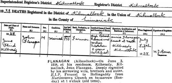 John Flanagan died on June 3rd 1938, aged 70 years 126 days