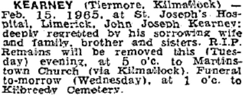 John Kearney died on Feb 15th 1965, stated age 67 years