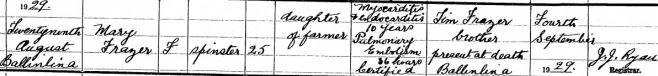 Mary Frazer died on Aug 29th 1929, aged 25 years