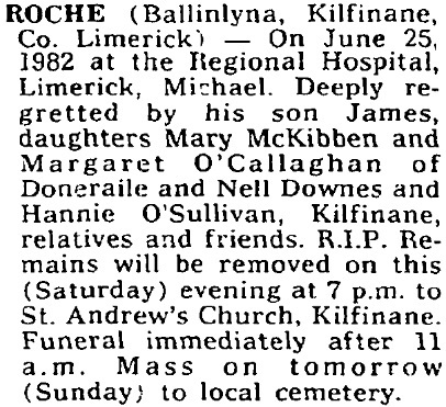 Michael Roche died on Jun 25th 1982, aged 72 years