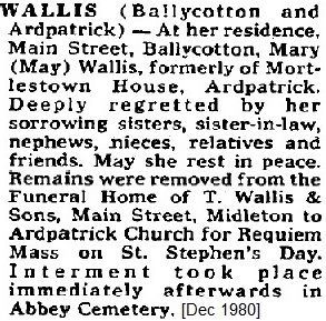 Mary Wallis died in 1980 aged 85 years