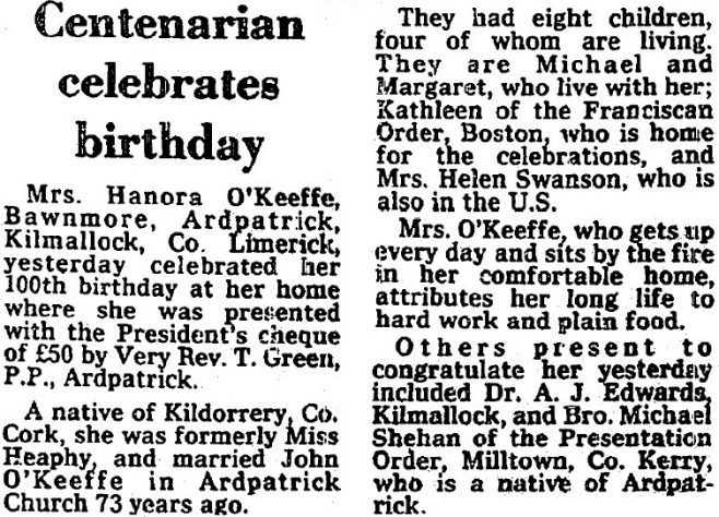 6th July 1980 - 100th birthday of Nora O'Keeffe 