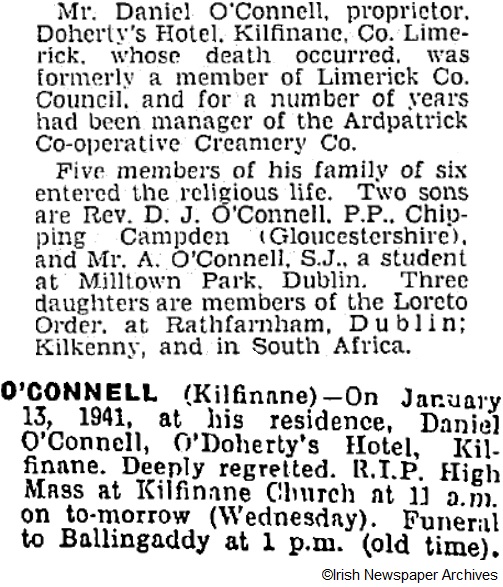 Daniel O'Connell died on Jan 13th 1941, aged 78 years