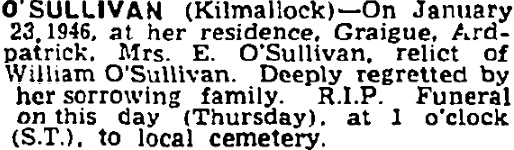 Eliza O'Sullivan died on Jan 23rd 1946, aged 89 years