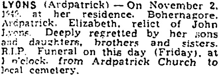 Elizabeth (Lizzie) Lyons died on Nov 2nd 1949, aged 77 years