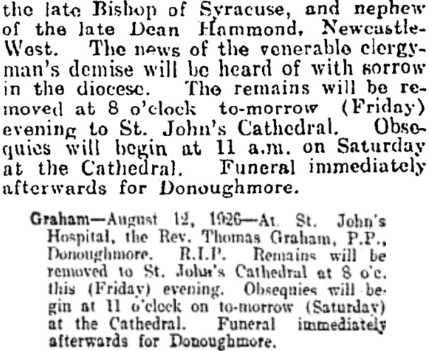 Fr Thomas Graham died on Aug 12th 1926, aged 86 years