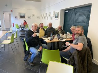 The author with members of the Mayo Genealogy Group at the NMI – Country Life in October of 2019. From left to right, Thomas Seán Purdy, Paddy Walsh, Seán Leach, Martin Neary, Seamus Bermingham and Andrew Lund. | Purdy Family Archives
