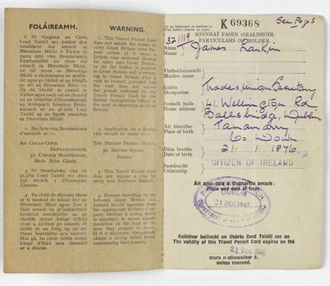 Travel Permit Card belonging to Jim Larkin HH:2013. 74.4 | National Museum of Ireland